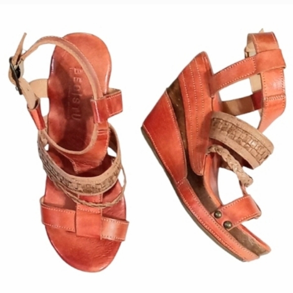 BED STU Jaslyn Platform Wedge Sandals in Rare Rustic Orange Leather Size 9 - Picture 4 of 12